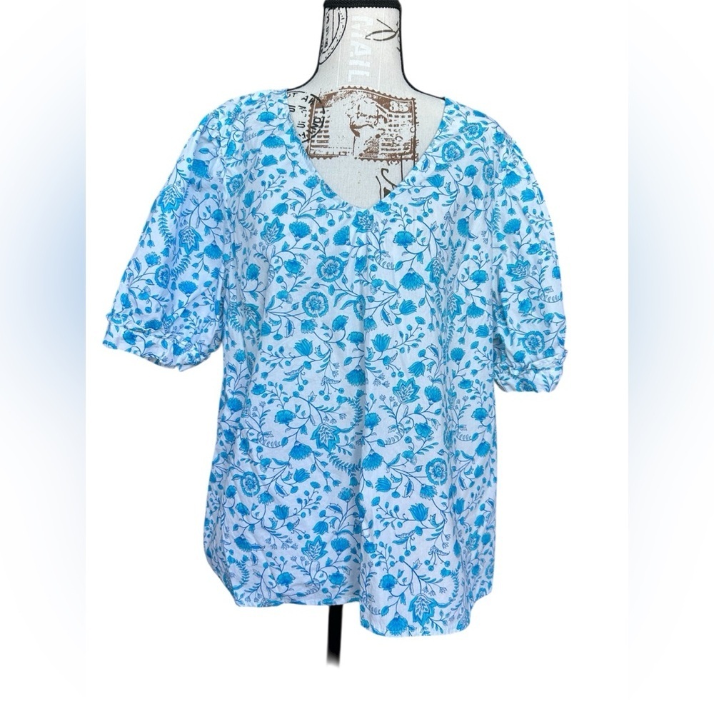 Draper James NWOT 100% Cotton Blue Floral Blouse size XL - Picture 2 of 10